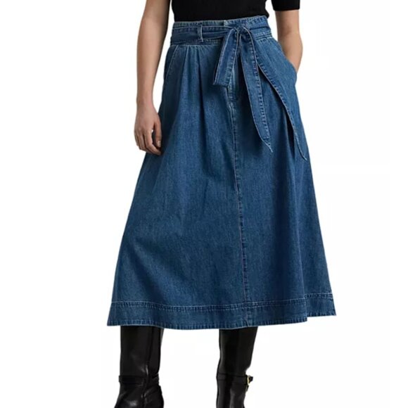 Lauren Ralph Lauren Belted Denim Midi Skirt, Blue - Picture 2 of 9